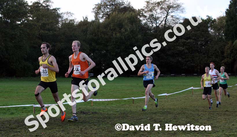 Alex O'Gorman (Stockport) 2nd and Dan Garbutt (Durham City) 3rd on the first leg of the National Cross Country Relays, Berry Hill Park, Mansfield. Photo: David T. Hewitson/Sports for All Pics